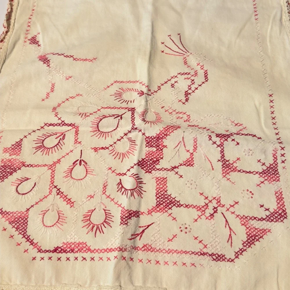 Vintage Handmade Peacock Table Runner Cross Stitch Embroidery Cottagecore Farm